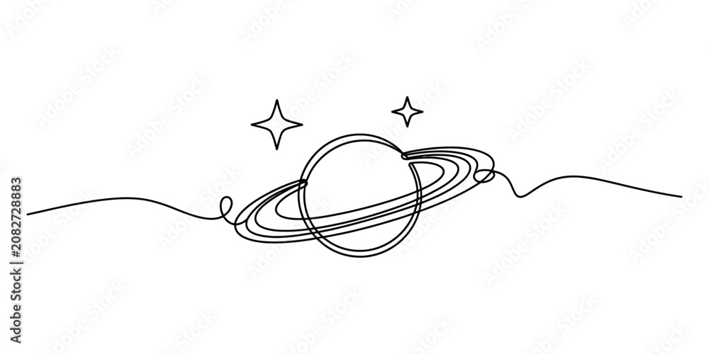 Obraz premium Continuous single line drawing of a planet with rings and stars