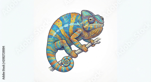 Colorful Chameleon Perched on a Branch Isolated on White Background