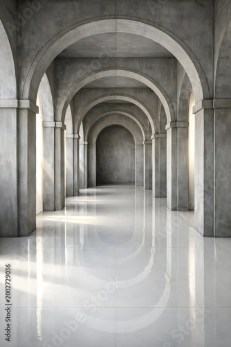 Minimalist concrete corridor with elegant arches and reflective floor