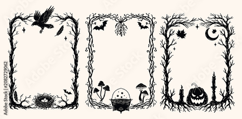 Canvastavla Vintage Halloween vector decorative frame set with spooky tree branches, raven, feathers, nest, cauldron, herbs, fly agarics, pumpkin, candles and moon