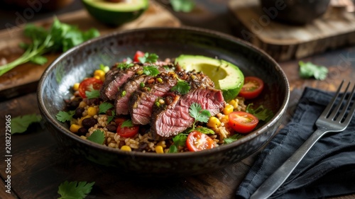 Mexican cuisine. 
Steak Fajita Bowl. Steak on a pillow of Mexican rice mixed with sweet corn, black beans and cherry tomatoes.