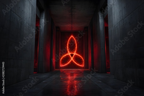 Glowing red symbol in a dark concrete hallway