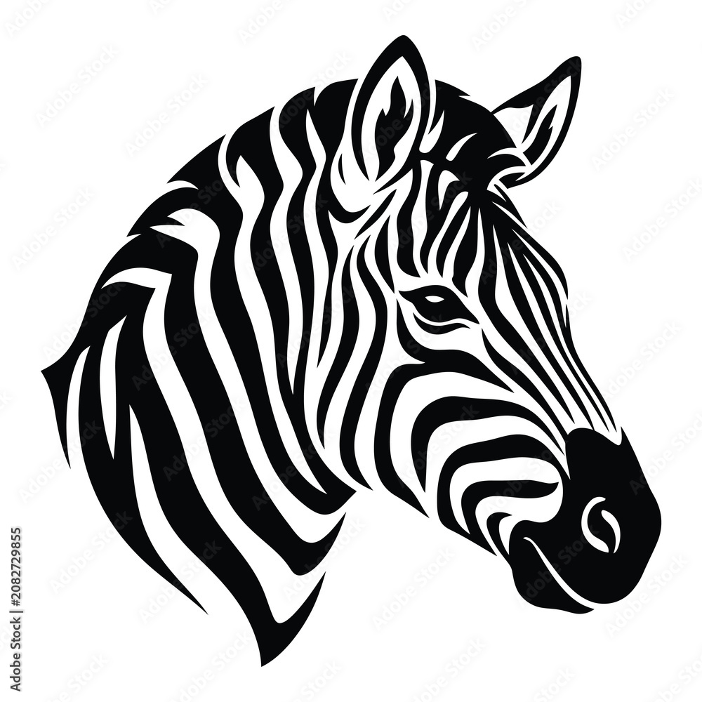 Fototapeta premium Black and white zebra head illustration with stripes pattern animal portrait icon