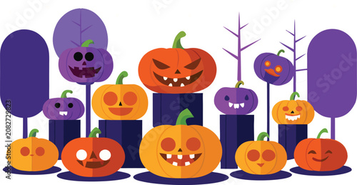 Group of colorful jack o lantern pumpkins with funny faces for a happy halloween celebration