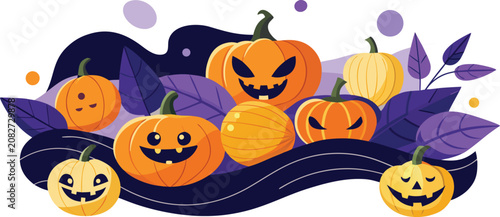 Group of cute and scary carved halloween pumpkins with funny faces and dark purple leaves
