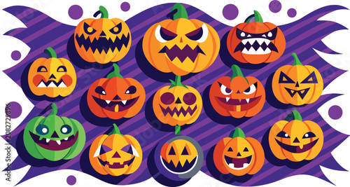 Group of scary halloween pumpkins with spooky faces on a purple background vector illustration