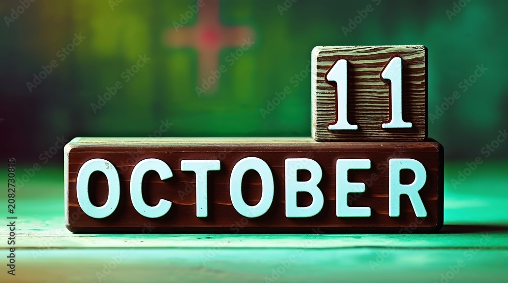 Obraz premium Wooden block displaying the date 11 october with stacked coins