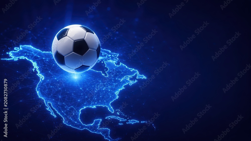Naklejka premium Soccer Ball over North America Digital Map for Global Sports Concept Photo