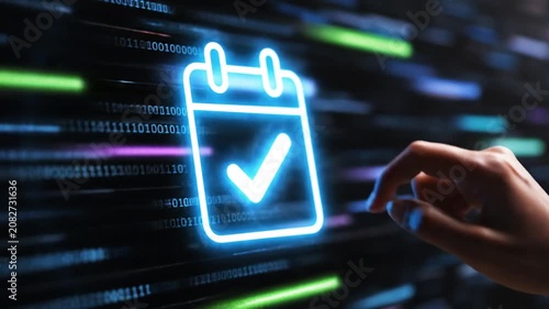 Hand touching blue neon calendar icon with checkmark on digital binary background