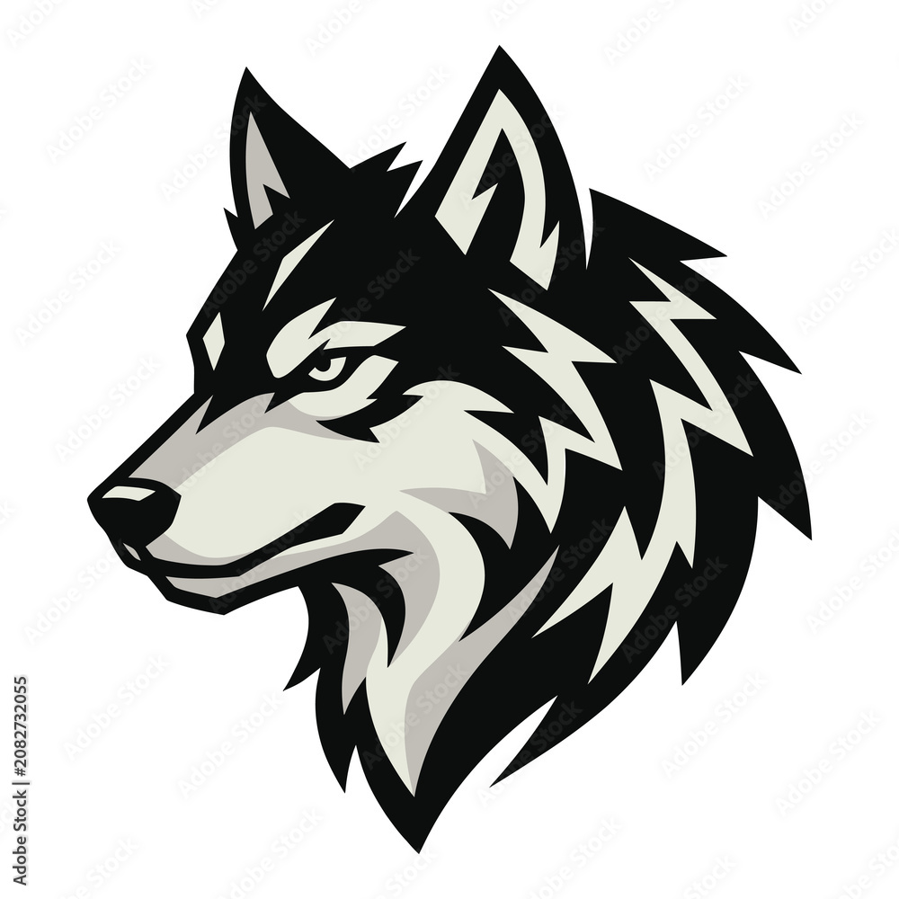 Fototapeta premium Illustration of a wolfs head in black and white colors side view icon