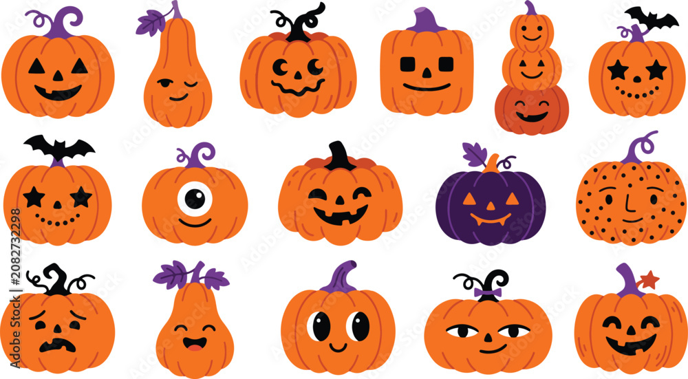 Fototapeta premium Festive halloween pumpkins collection jack o' lanterns smiling faces and spooky designs for autumn celebrations