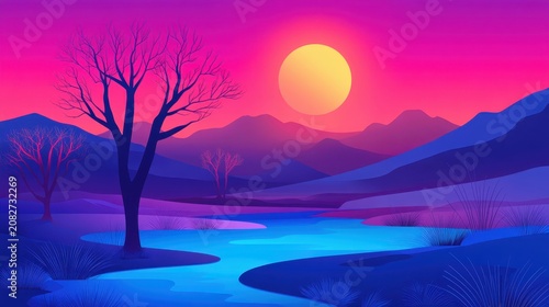Vibrant Sunset Over Mountains and River with Silhouette Trees