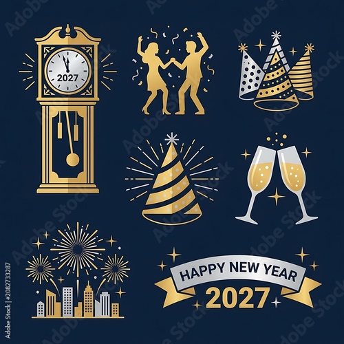 New year 2027 party icons and silhouettes in gold and silver on dark background.