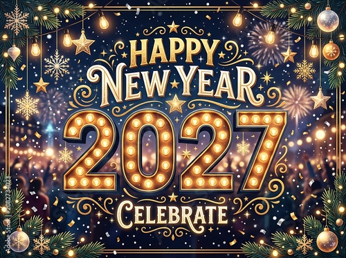 Happy new year 2027 banner with glowing lights and fireworks in dark festive background.