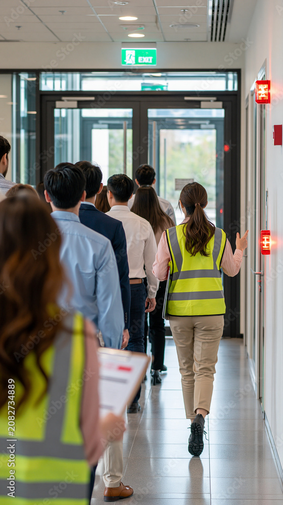 Fototapeta premium Emergency Evacuation Drill: People in high-visibility vests guide a line of individuals out of a modern building during an emergency evacuation drill, highlighting safety protocols and preparedness.