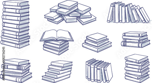 Hand Drawn Blue Ink Sketch Book Stack Vector Icon Set with Literature Textbooks Open Book and Library Shelf Arrangements for Education Designs