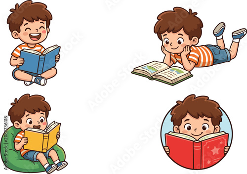 Cute Cartoon Boy Reading Book Vector Character Illustration Set with Child Studying, Sitting cross-legged, Lying Down, and Using a Bean Bag Chair for Kids Education