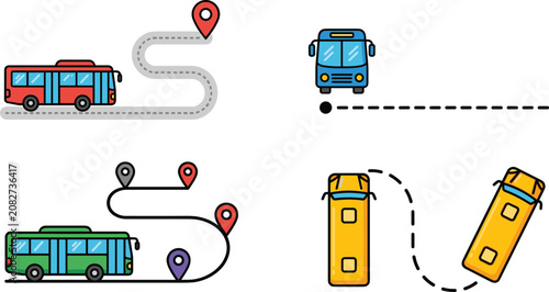 City Bus Navigation and Route Tracker Vector Icon Set with Public Transit Vehicles, Destination Map Pins, and Dashed Road Journey Lines for Travel Mobile Apps