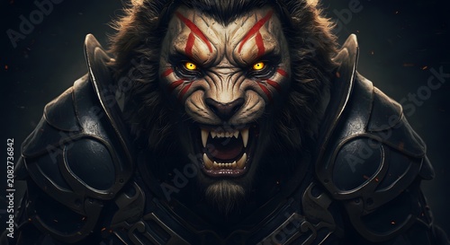 Ferocious Lion Warrior with Glowing Eyes and Black Armor in Dark Fantasy Style