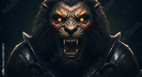 Fierce Lion Warrior with Glowing Eyes and Armor in Dark Fantasy Style