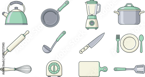 Cute Kitchen Utensils and Cookware Icon Vector Set with Kettle Frying Pan Blender Pot Rolling Pin Ladle Knife Whisk Timer Cutting Board and Spatula