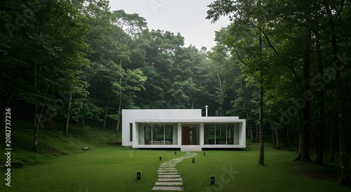 Modern White House in Forest Clearing Surrounded by Tall Green Trees and Well-maintained Lawn