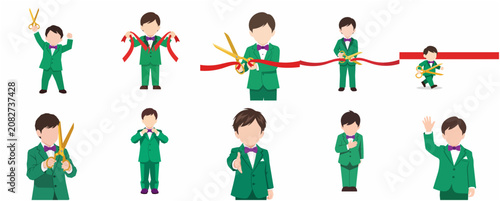 Vector Illustration Set of a Character in a Green Suit Celebrating a Grand Opening and Ribbon Cutting Ceremony