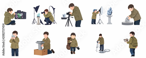 Set of illustrations of a young boy photographer taking macro photos of crystals and minerals with professional camera gear