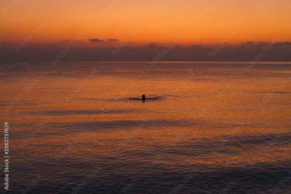 Fototapeta premium Calm on sea in early morning at sunrise, close-up, tourist concept of vacation