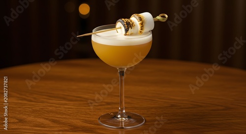 Elegant Yellow Cocktail in Martini Glass with Toasted Marshmallow Skewer on Wooden Surface