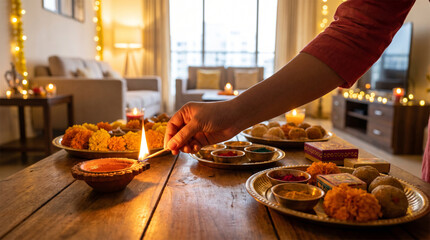 Blurred living room in modern apartment background with colorful rangoli design and bright fairy lights during deepavali.