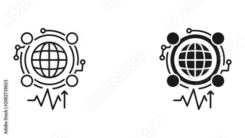 Global network connectivity and data growth trend icon set showing world globe with nodes and rising chart line in vector style for international communications and digital transformation concepts