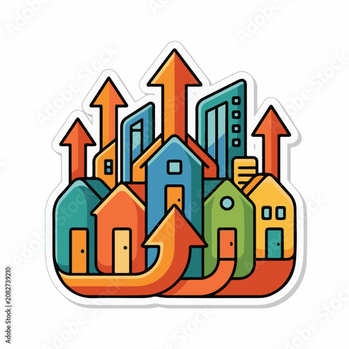 Colorful houses and upward arrows symbolizing growth and progress