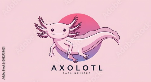 Cute Cartoon Axolotl Illustration with Pink Sunset Background for Kids and Nature Themes