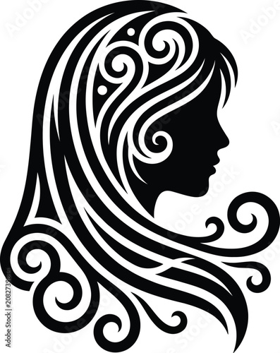 Black silhouette of a woman's head with flowing, curly hair, profile view white