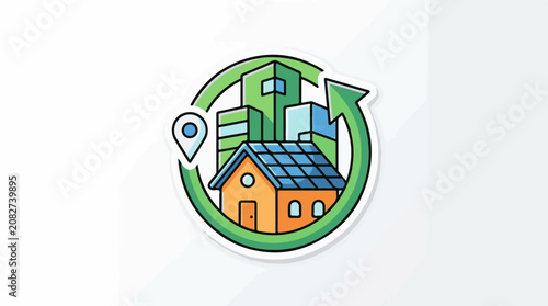 Colorful icon shows house buildings pin and circular arrow
