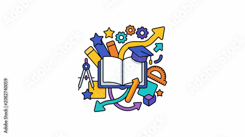 Colorful icons for education and learning including books tools and arrows