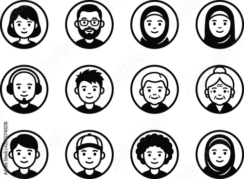 Diverse group of people smiling faces in circles people diverse group avatars black and white simple circular frames