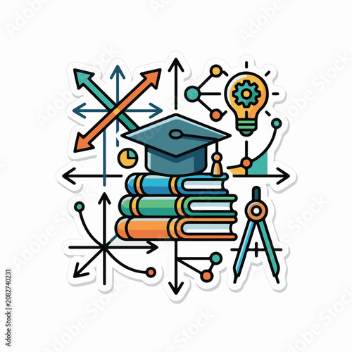 Colorful icons represent learning math and innovation