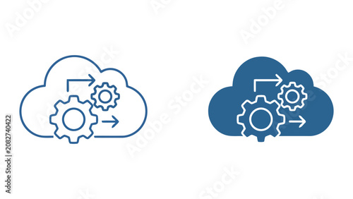 Cloud computing configuration and gear mechanism icon set representing system optimization and automated server workflow processes in professional technical line art and solid style