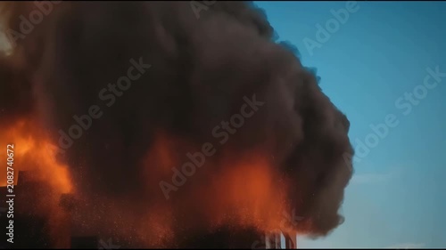 Rooftop building blaze burning rooftop smoke and dramatic flame engulfing upper floors against
