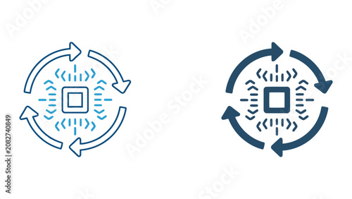 Microchip processor optimization symbol with rotating arrows showing hardware performance upgrade and system cycle improvement in clean vector line art style for tech engineering and computing
