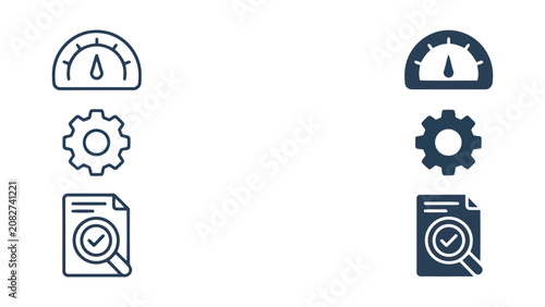 Performance monitoring and auditing icon set featuring a gauge gear and a document with a checkmark in a magnifying glass for quality assurance and system optimization vector graphics