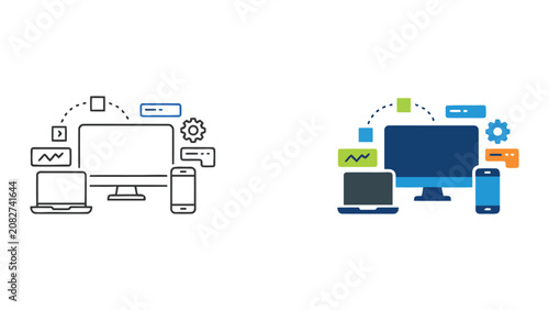 Multi-device synchronization and digital workspace management icons featuring monitors laptops and smartphones in line and solid styles for business productivity and technology integration concepts