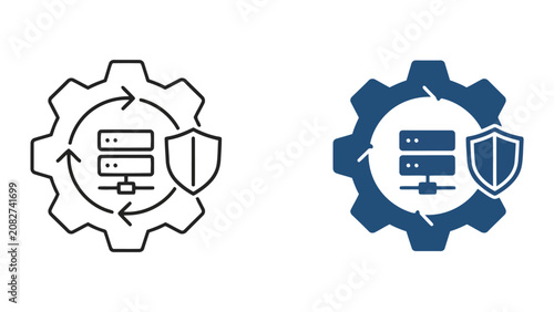 Secure server maintenance and system optimization icon featuring a server rack inside a gear with a shield in blue outline and solid styles for IT infrastructure and cloud management tools