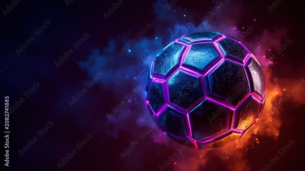 Fototapeta premium A futuristic soccer ball with bright neon seams against a dark space with glowing sparks and dots. A photo with a place for the text.