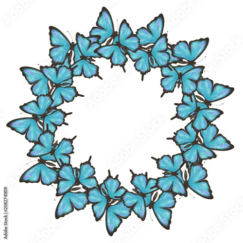 Blue butterfly wreath with elegant wings forming a circular floral frame and spacious copy space. Decorative nature design for invitations, greeting cards, wedding stationery, and branding