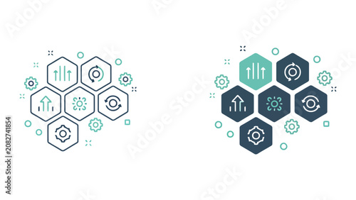 Process optimization hexagonal workflow icon set with gear and cycle symbols representing industrial efficiency and data automation in clean green and dark grey graphic design style for business