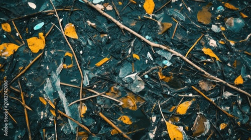 Accumulated plastic pollution and organic debris scattered on a dark, wet shoreline after heavy rain