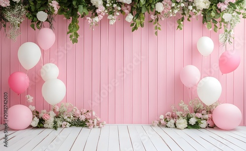 Elegant engagement party decoration with floral accents. Empty studio background with festive party decorations and floor